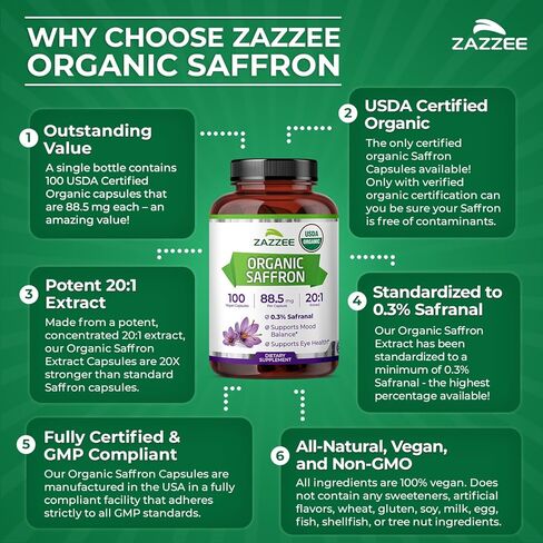 Zazzee USDA Organic Saffron 20:1 Extract, 88.5 mg, 0.3% Safranal, 100 Vegan Capsules, 3+ Month Supply, Concentrated and Standardized 20X Extract, Non-GMO, All-Natural, Made in the USA in Saudi Arabia