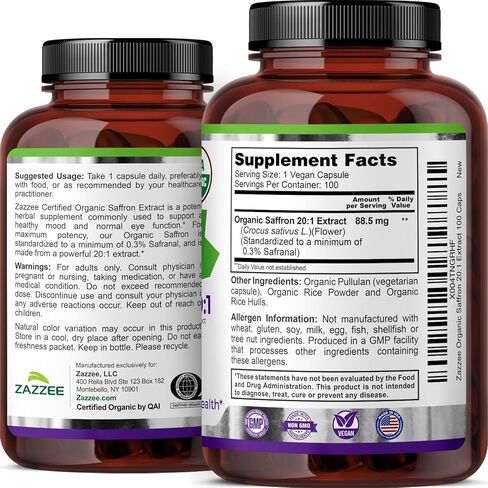 Zazzee USDA Organic Saffron 20:1 Extract, 88.5 mg, 0.3% Safranal, 100 Vegan Capsules, 3+ Month Supply, Concentrated and Standardized 20X Extract, Non-GMO, All-Natural, Made in the USA in Saudi Arabia
