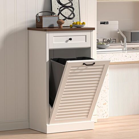 Spurgehom خزانة قمامة قابلة للإمالة للخارج، خزانة سلة غسيل ذات باب مزود بفتحة سعة 13 جالونًا مع أدراج مخفية، خزائن صناديق قمامة قائمة بذاتها للمطبخ وغرفة المعيشة، باللون الأبيض in Kuwait