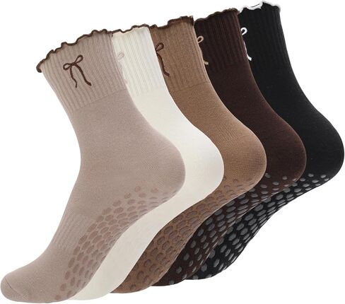 5 Pairs Women‘s Cute Pilates Socks with Grips, Non-Slip Ruffle Yoga Sock, Cotton Grippy Crew Sock for Barre Ballet in Saudi Arabia