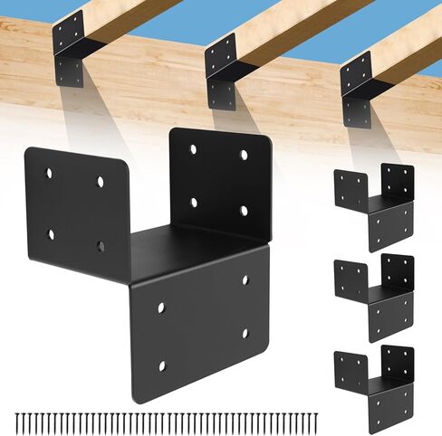 4 Pcs Post Caps Tie Bracket, Black Joist Anchor Connector for 2x4,2x6 Post,14 Gauge Joist Hanger Brackets,Roof Tie Header Hanger for Supporting Beams Rafters in Kuwait