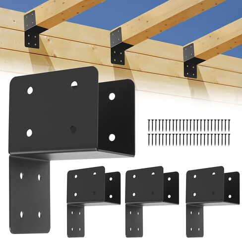 4 Pcs Post Caps Tie Bracket, Black Joist Anchor Connector for 2x4,2x6 Post,14 Gauge Joist Hanger Brackets,Roof Tie Header Hanger for Supporting Beams Rafters in Kuwait
