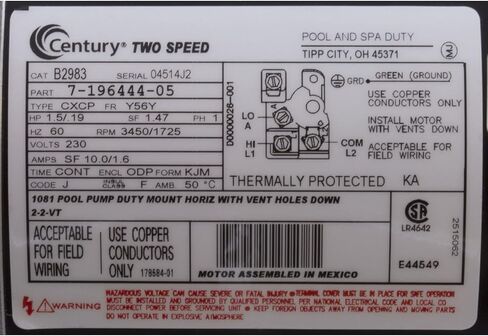 1.5 Horsepower 2-Speed 56Y Frame 230 Volts Square Flange Pool Motor Century B2983 in Saudi Arabia