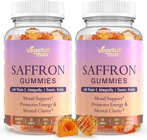 Saffron Supplements Gummies, 88.5mg Pure Saffron Extract with Ashwagandha L-Theanine Rhodiola Rosemary Magnesium Vitamin B6 B12 for Mood Focus Support Adults Kids - 60 Count in Saudi Arabia