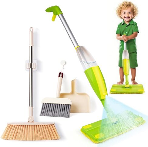 Kids Spray Mop ، مجموعة تنظيف Mop Toddler ، مجموعة Mini Mop & Kids Broom Dustpan ، لعبة التظاهر بالمنزل ، لعبة Montessori Cleaning Toy Clists Clip -Green in Kuwait