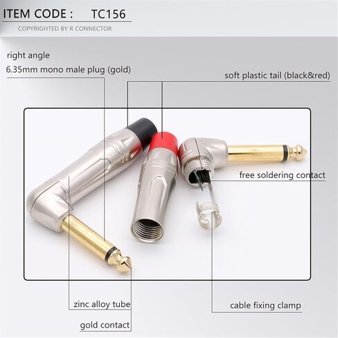 2PCS Right Angle Mono 6.35MM Jack 6.3MM Male Plug Connector 1/4 Inch Plug Microphone Connector(Red) in Saudi Arabia