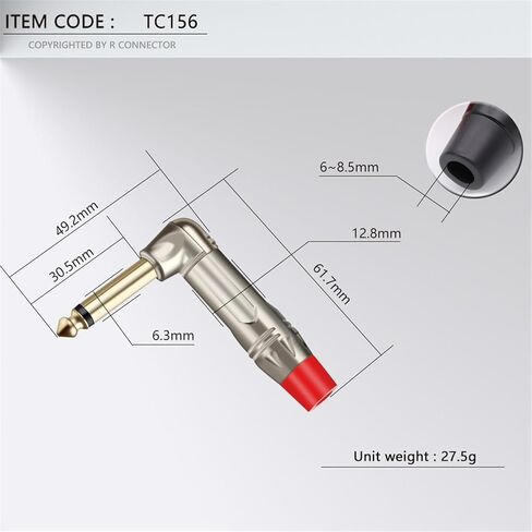 2PCS Right Angle Mono 6.35MM Jack 6.3MM Male Plug Connector 1/4 Inch Plug Microphone Connector(Red) in Saudi Arabia