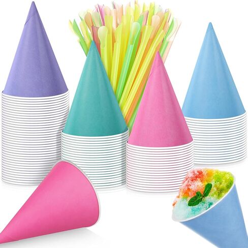 Boao 100 Sets 4.5 oz Snow Cone Cups and Spoon Straws Disposable Snow Cone Syrup Leakproof Shaved Ice Supplies for Slush Shaved Ice Cream Water Summer Hawaiian Birthday Party (Colorful) in Saudi Arabia