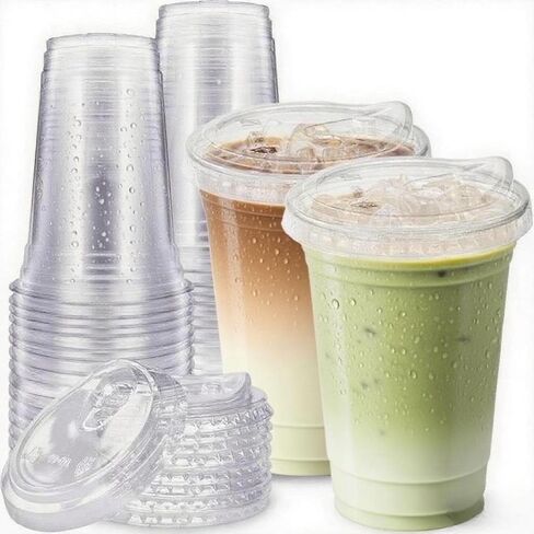 25 Sets- 16 oz Clear Plastic Cups with Strawless-Sip-Lids, Disposable Cup Plastic Iced Coffee Cups for Cold Drinks, Smoothies and Juices in Saudi Arabia