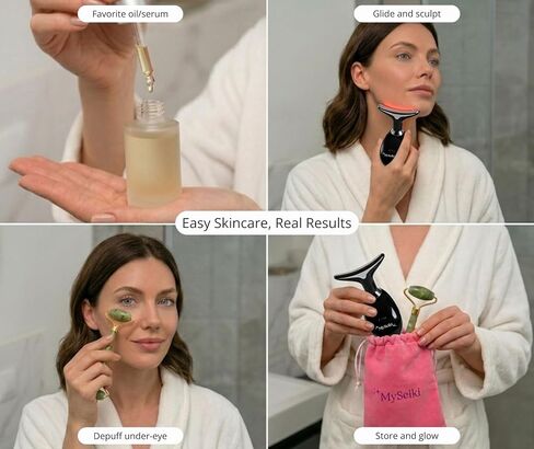 7 LED Light Beauty Tool – Face and Neck Massager with Jade Roller, Case, Black in Saudi Arabia