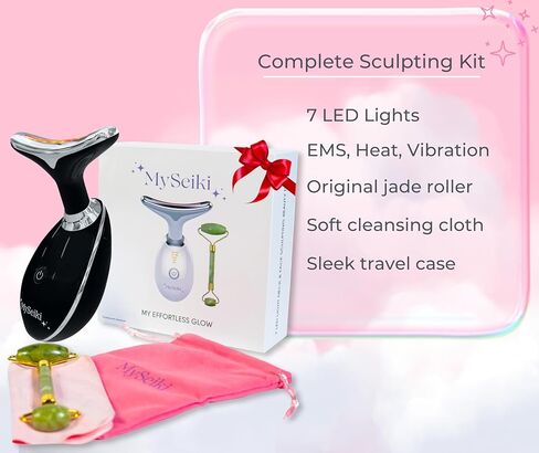 7 LED Light Beauty Tool – Face and Neck Massager with Jade Roller, Case, Black in Saudi Arabia