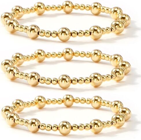 SHINUS BOHO 14K مطلية بالذهب مطرز 3 قطع أساور مكدسة للنساء، أنيقة وعصرية للمياه العذبة قابلة للتكديس لؤلؤة مشبك ورق سلسلة متقاطعة كرات ذهبية قابلة للتمدد إكسسوارات مجوهرات هدية العطلة in Kuwait