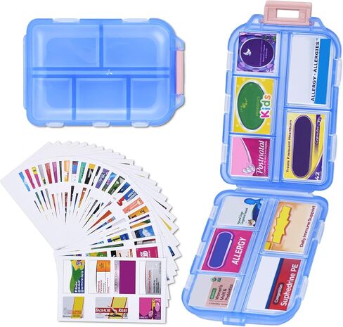 Travel Pill Organizer with Medicine Labels, 10 Compartments Travel Pill Box Medicine Organizer Purse Pill Case Daily Pill Container (Blue, 189 Lables) in Saudi Arabia