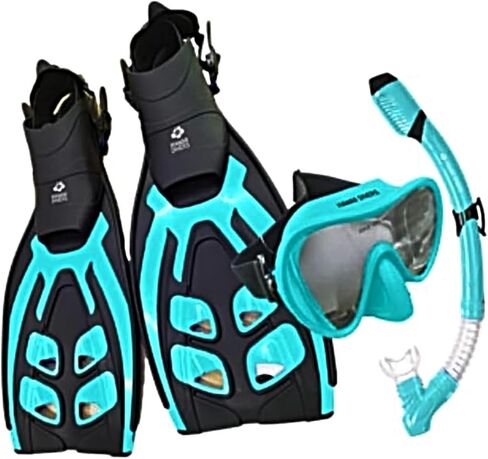 Hawaii Divers Deep Sea Adult - مجموعة الغطس، قناع الغطس من الزجاج المقسى، معدات الغطس الجافة، زعانف قابلة للتعديل، أزرق مخضر/أسود، مقاس L/XL in Kuwait