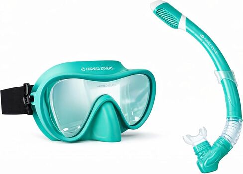 Hawaii Divers Deep Sea Adult - مجموعة الغطس، قناع الغطس من الزجاج المقسى، معدات الغطس الجافة، زعانف قابلة للتعديل، أزرق مخضر/أسود، مقاس L/XL in Kuwait