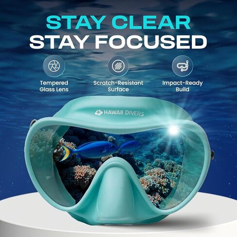 Hawaii Divers Deep Sea Adult - مجموعة الغطس، قناع الغطس من الزجاج المقسى، معدات الغطس الجافة، زعانف قابلة للتعديل، أزرق مخضر/أسود، مقاس L/XL in Kuwait