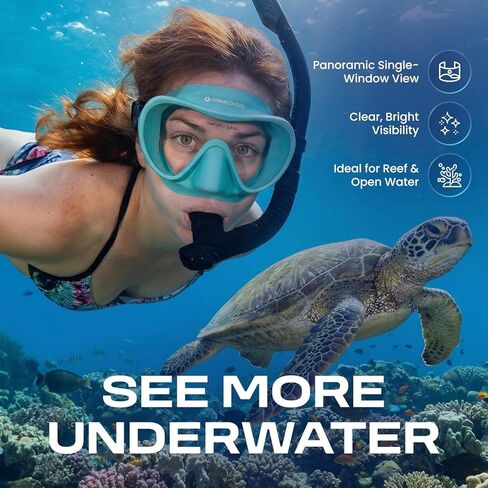 Hawaii Divers Deep Sea Adult - مجموعة الغطس، قناع الغطس من الزجاج المقسى، معدات الغطس الجافة، زعانف قابلة للتعديل، أزرق مخضر/أسود، مقاس L/XL in Kuwait