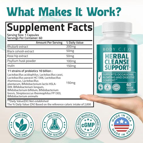 Herbal Cleanse Support - Botanicals & 11-Strain Probiotic Blend - Supports Digestion, Bowel Movements, Gut Balance & Regularity - 60 Veggie Capsules in Saudi Arabia
