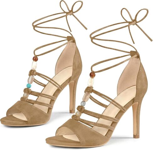 Perphy Bead Lace Up Strappy Stiletto High Heel Sandals for Women in Saudi Arabia