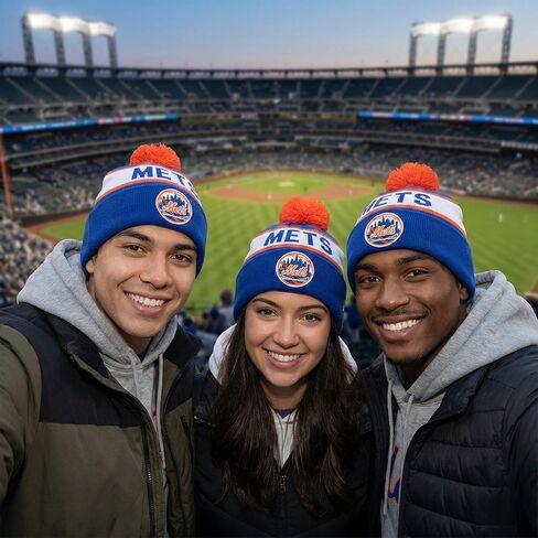 Officially Licensed NY Mets Baseball Pom Cuffed Knit Beanie Hat Classic Edition Primary Home Team Logo Embroidered MVP Sports Winter Blue Cap in Kuwait