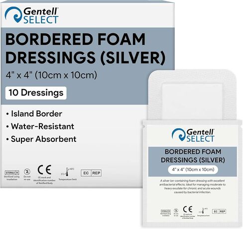 ضمادات فضية رغوية ذات حدود للعناية بالجروح 4 × 4 بوصة - ضمادات رغوية 10 Ag لإفرازات الجروح المتوسطة إلى الثقيلة - عالية الامتصاص ومقاومة للماء in Kuwait