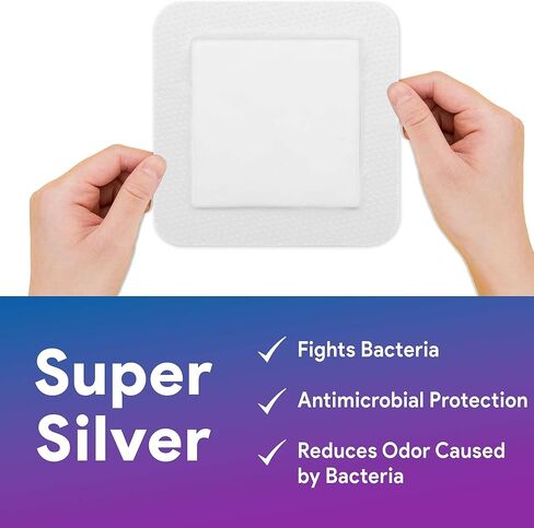 ضمادات فضية رغوية ذات حدود للعناية بالجروح 4 × 4 بوصة - ضمادات رغوية 10 Ag لإفرازات الجروح المتوسطة إلى الثقيلة - عالية الامتصاص ومقاومة للماء in Kuwait