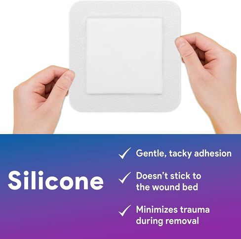 ضمادات فضية رغوية ذات حدود للعناية بالجروح 4 × 4 بوصة - ضمادات رغوية 10 Ag لإفرازات الجروح المتوسطة إلى الثقيلة - عالية الامتصاص ومقاومة للماء in Kuwait