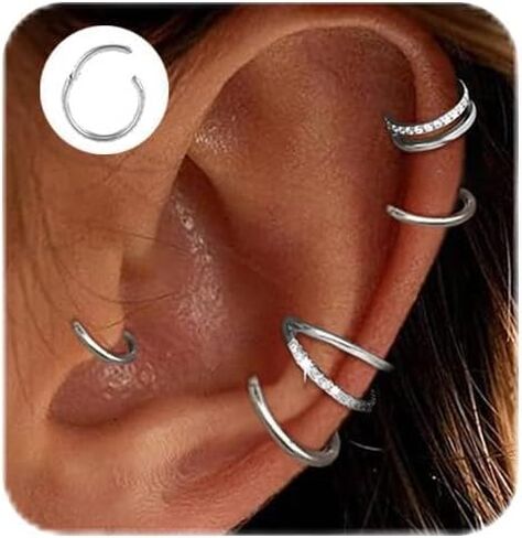 16G Cartilage Double-Hoop Earrings for Women Helix Conch Piercing with Cubic Zirconia 14K Gold Plated Tragus Piercing Surgical Steel Clicker Double Hoop Nose Ring in Saudi Arabia