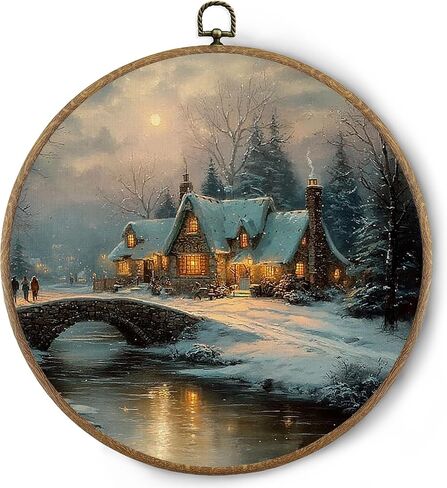 BitKAM Vintage Winter Christmas Round Wall Art Decor, Country Christmas Canvas Prints Framed, Rustic Farmhouse Xmas Wall Hanging Decorations for Home Bedroom Living Room, 10x10 Inch Wall Sculptures，Home Décor Products in Saudi Arabia