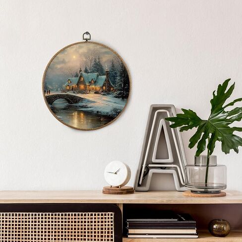 BitKAM Vintage Winter Christmas Round Wall Art Decor, Country Christmas Canvas Prints Framed, Rustic Farmhouse Xmas Wall Hanging Decorations for Home Bedroom Living Room, 10x10 Inch Wall Sculptures，Home Décor Products in Saudi Arabia