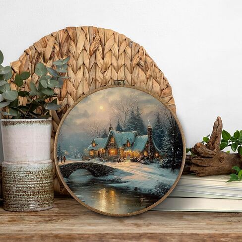 BitKAM Vintage Winter Christmas Round Wall Art Decor, Country Christmas Canvas Prints Framed, Rustic Farmhouse Xmas Wall Hanging Decorations for Home Bedroom Living Room, 10x10 Inch Wall Sculptures，Home Décor Products in Saudi Arabia