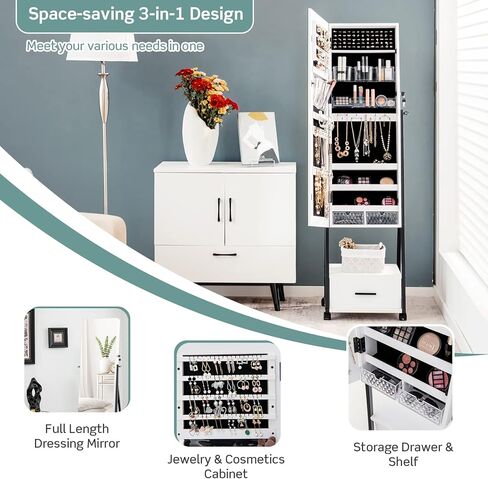 COSTWAY Mirror Jewelry Cabinet with Wheels, Standing Full-length Mirror with Jewelry Storage, Lockable Jewelry Organizer Box with Drawers, Rolling Jewelry Armoire for Women Girls Bedroom (Black) in Saudi Arabia