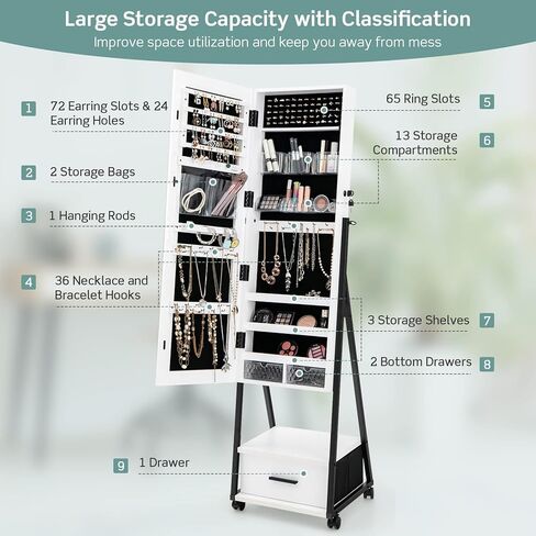 COSTWAY Mirror Jewelry Cabinet with Wheels, Standing Full-length Mirror with Jewelry Storage, Lockable Jewelry Organizer Box with Drawers, Rolling Jewelry Armoire for Women Girls Bedroom (Black) in Saudi Arabia