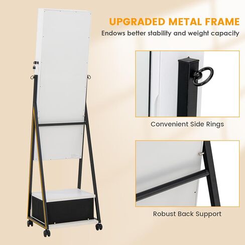 COSTWAY Mirror Jewelry Cabinet with Wheels, Standing Full-length Mirror with Jewelry Storage, Lockable Jewelry Organizer Box with Drawers, Rolling Jewelry Armoire for Women Girls Bedroom (Black) in Saudi Arabia
