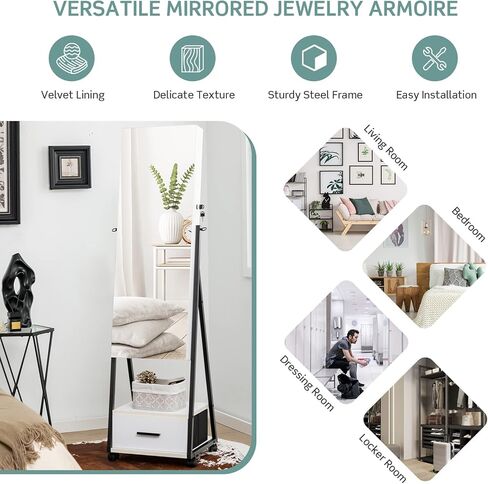 COSTWAY Mirror Jewelry Cabinet with Wheels, Standing Full-length Mirror with Jewelry Storage, Lockable Jewelry Organizer Box with Drawers, Rolling Jewelry Armoire for Women Girls Bedroom (Black) in Saudi Arabia