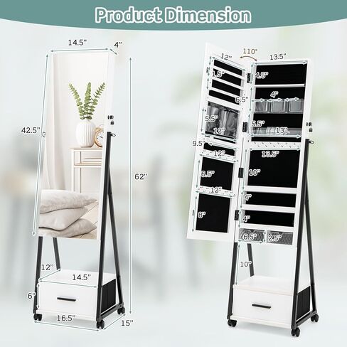 COSTWAY Mirror Jewelry Cabinet with Wheels, Standing Full-length Mirror with Jewelry Storage, Lockable Jewelry Organizer Box with Drawers, Rolling Jewelry Armoire for Women Girls Bedroom (Black) in Saudi Arabia