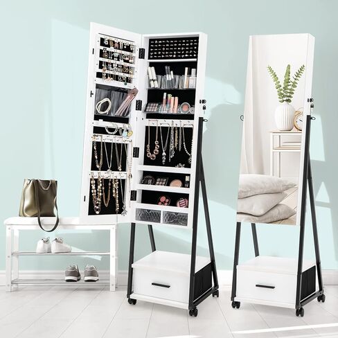 COSTWAY Mirror Jewelry Cabinet with Wheels, Standing Full-length Mirror with Jewelry Storage, Lockable Jewelry Organizer Box with Drawers, Rolling Jewelry Armoire for Women Girls Bedroom (Black) in Saudi Arabia