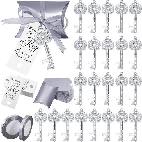 100 Sets Vintage Key Bottle Opener Wedding Favors, Wedding Party Souvenir Gift for Guests with Thank You Tag Card Pillow Candy Box and Satin Ribbon (Gold) in Saudi Arabia