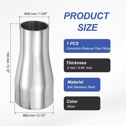 PATIKIL Concentric Reducer Pipe Fitting, 2-1/2"(63mm) to 1-3/4"(45mm) OD 304 Stainless Steel Butt Weld Tube Long Reducer Exhaust Pipe for Food Beverage HVAC Plumbing, Silver in Saudi Arabia