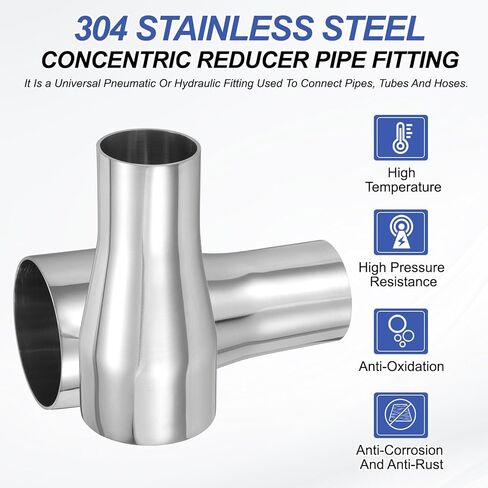 PATIKIL Concentric Reducer Pipe Fitting, 2-1/2"(63mm) to 1-3/4"(45mm) OD 304 Stainless Steel Butt Weld Tube Long Reducer Exhaust Pipe for Food Beverage HVAC Plumbing, Silver in Saudi Arabia