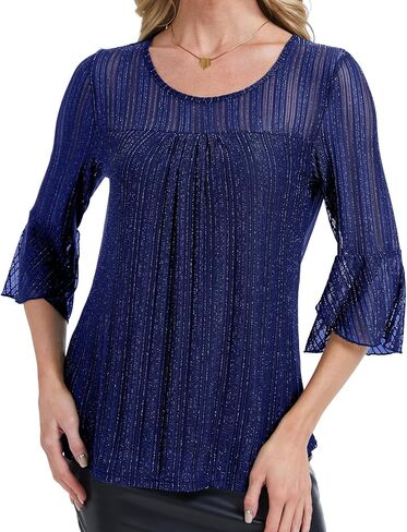HANERDUN Women's Ruffle 3/4 Sleeve Dressy Blouses Double Layers Blouses Crew Neck Fashion Tunic Tops in Saudi Arabia