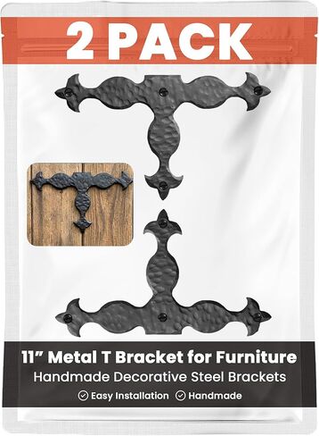 2 Pack 16.25" Metal T Bracket for Furniture - Black - Handmade Decorative Steel Brackets - Rustic Metal Corner Brackets for Front Doors, Gates, Garages, Tables & Cabinets - The Durango Series in Saudi Arabia