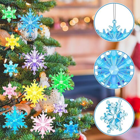 BOARDFEB 60Pcs Christmas Acrylic Snowflake Ornaments Winter 3D Translucent Snowflake Hanging Ornaments for Tree Crystal Iridescent Pendants with Rope for Holiday Party DIY Decor (Laser) in Saudi Arabia
