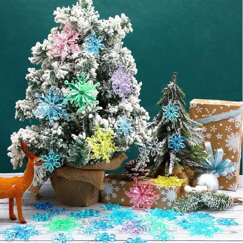 BOARDFEB 60Pcs Christmas Acrylic Snowflake Ornaments Winter 3D Translucent Snowflake Hanging Ornaments for Tree Crystal Iridescent Pendants with Rope for Holiday Party DIY Decor (Laser) in Saudi Arabia