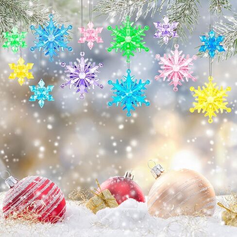 BOARDFEB 60Pcs Christmas Acrylic Snowflake Ornaments Winter 3D Translucent Snowflake Hanging Ornaments for Tree Crystal Iridescent Pendants with Rope for Holiday Party DIY Decor (Laser) in Saudi Arabia