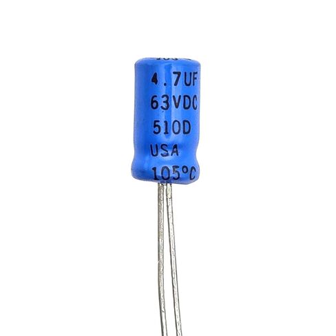5 Pack 4.7uF 63V Radial Electrolytic Capacitors – 105°C, 0.25" x 0.50", Made in USA, Long Leads in Saudi Arabia