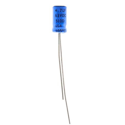 5 Pack 4.7uF 63V Radial Electrolytic Capacitors – 105°C, 0.25" x 0.50", Made in USA, Long Leads in Saudi Arabia