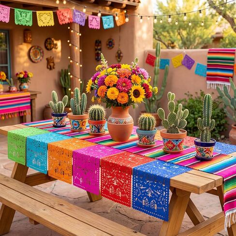 Newwiee 12 Pcs Mexican Party Decor Papel Picado Table Runners 31.5 x 15.75 Inch Fiesta Table Runner for Mexican Party Fiesta Carnival Cinco De Mayo Cielito Lindo Mantel Decor in Saudi Arabia