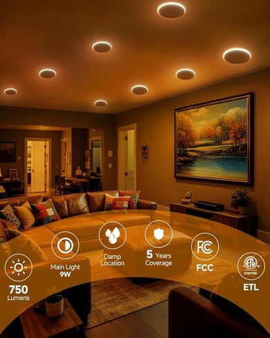 مجموعة 12 مصباح سقف LED مجوف مقاس 4 بوصات من Ensenior مع ضوء ليلي، قابل للتعتيم، 2700K-5000K 5CCT، 750LM 9W 120V، إضاءة سفلية عالية السطوع بدون علبة - FCC in Kuwait