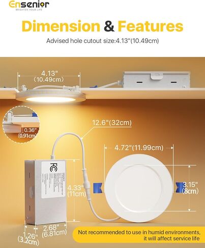 مجموعة 12 مصباح سقف LED مجوف مقاس 4 بوصات من Ensenior مع ضوء ليلي، قابل للتعتيم، 2700K-5000K 5CCT، 750LM 9W 120V، إضاءة سفلية عالية السطوع بدون علبة - FCC in Kuwait